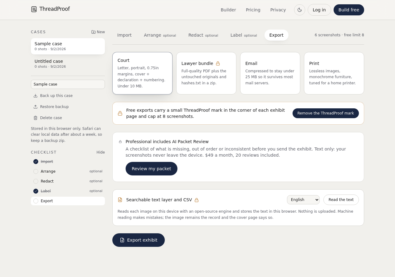 Comparison of a ThreadProof numbered PDF exhibit next to a plain desktop message report