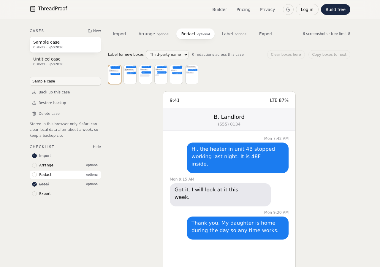 Exhibit page generated by ThreadProof showing a co-parenting message thread with visible dates and redacted school details