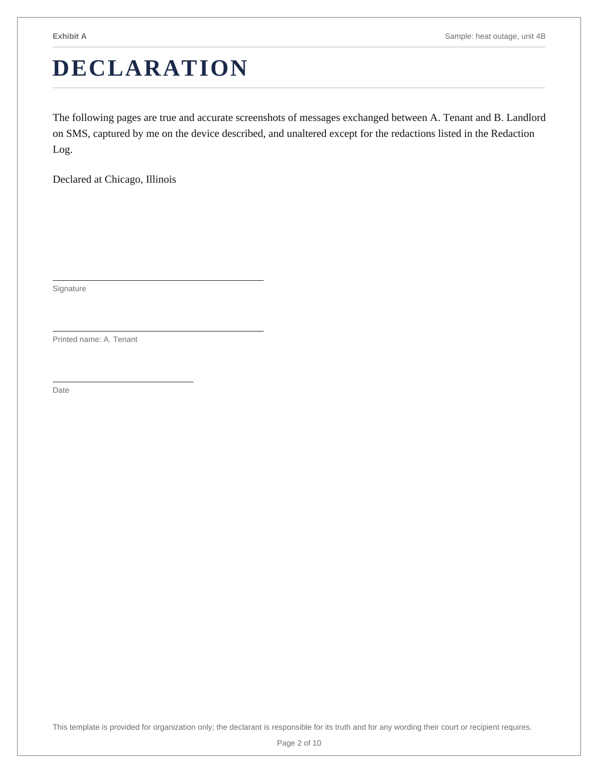 Declaration page describing a ThreadProof exhibit with numbered paragraphs and a page count