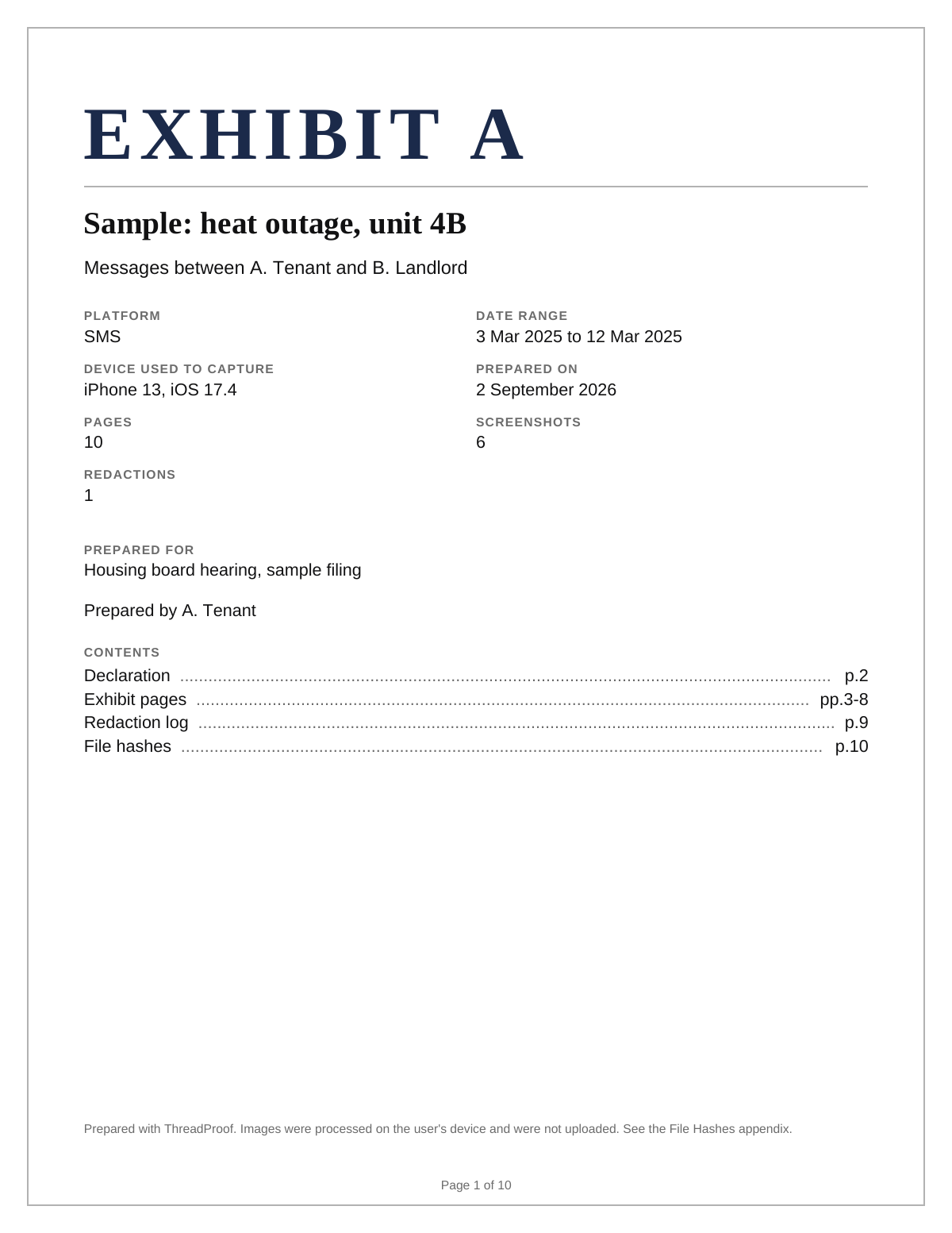 Side by side of an unordered screenshot folder and a numbered ThreadProof PDF exhibit