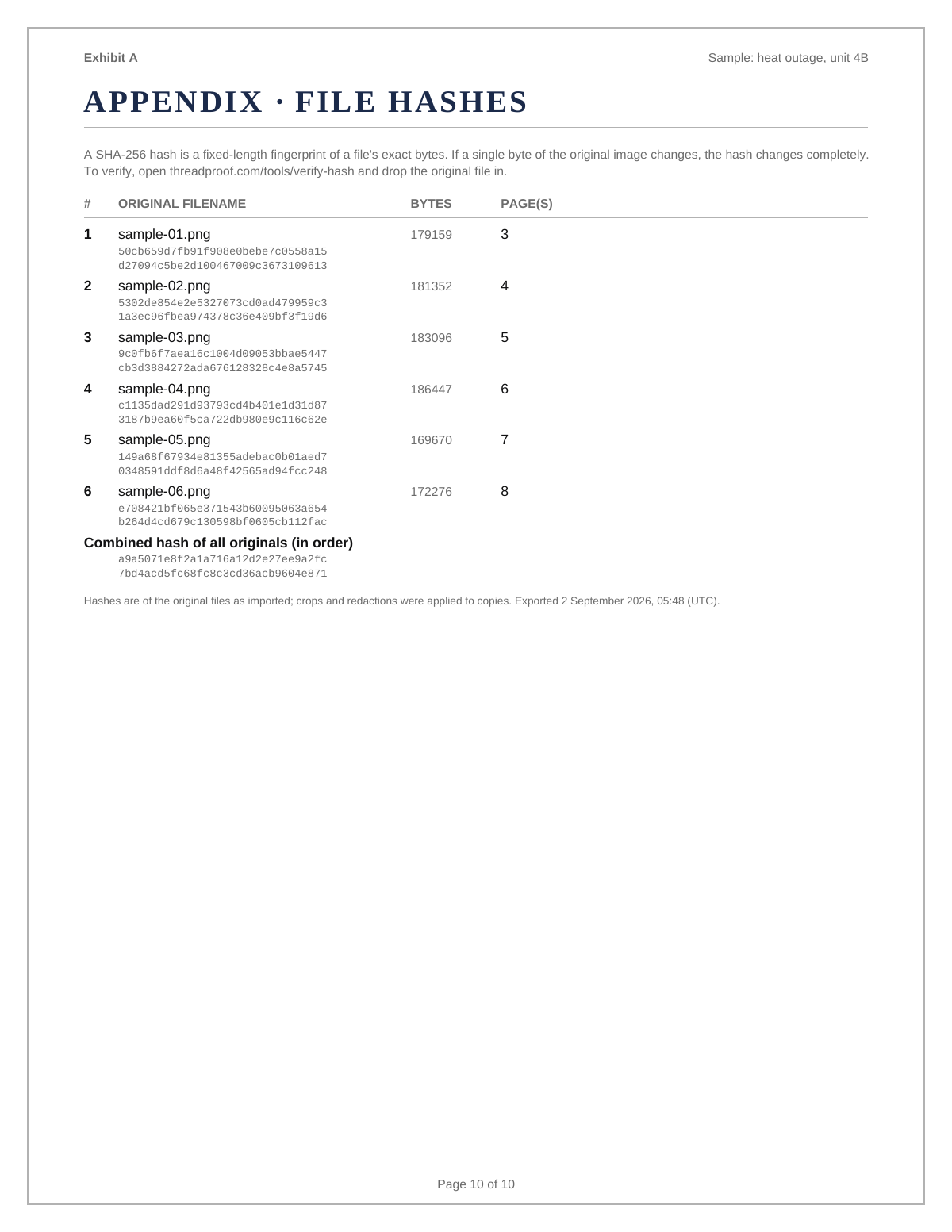 Hash appendix page generated by ThreadProof listing SHA-256 fingerprints for each source screenshot